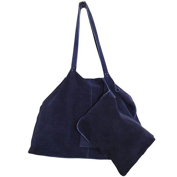 NWT Genuine Suede Haute Hippie Navy Cinched Tote & Pouch – Boho Minimalist Bag - Picture 3 of 8
